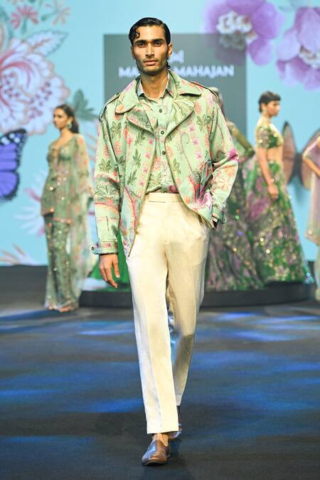 Buy_Mahima Mahajan_Green Linen, Satin Aazim Pintuck Floral Printed Jacket Shirt And Trouser Set 