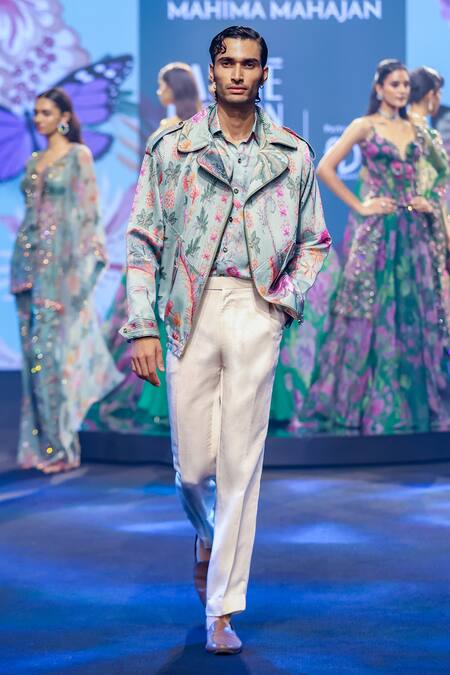 Shop_Mahima Mahajan_Green Linen, Satin Aazim Pintuck Floral Printed Jacket Shirt And Trouser Set 