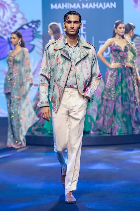 Buy_Mahima Mahajan_Green Linen, Satin Aban Print Jacket _Online_at_Aza_Fashions