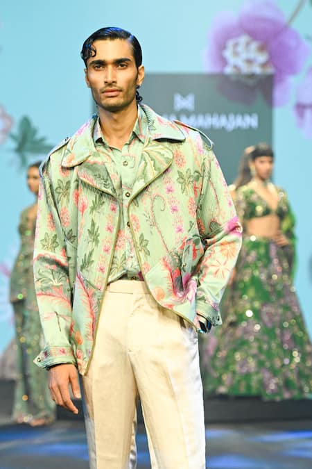 Shop_Mahima Mahajan_Green Linen, Satin Aban Print Jacket _Online_at_Aza_Fashions