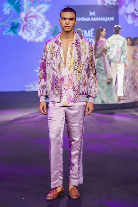 Shop_Mahima Mahajan_Purple Satin, Organza, Linen Aashir Quilted Floral Jacket Trouser Set _Online_at_Aza_Fashions
