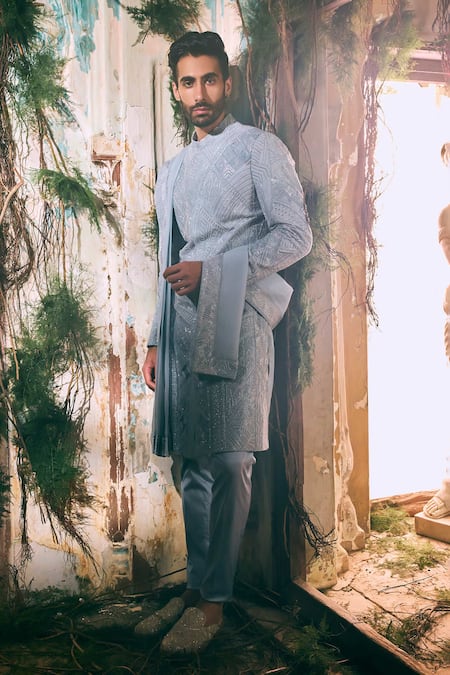 Varun Chakkilam Azure Royale Geometric Embroidered Sherwani Set 