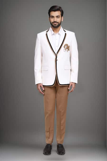 Buy_Arihant Rai Sinha_White Tencel Embroidery Handwork Horse Single Breasted Blazer _Online_at_Aza_Fashions