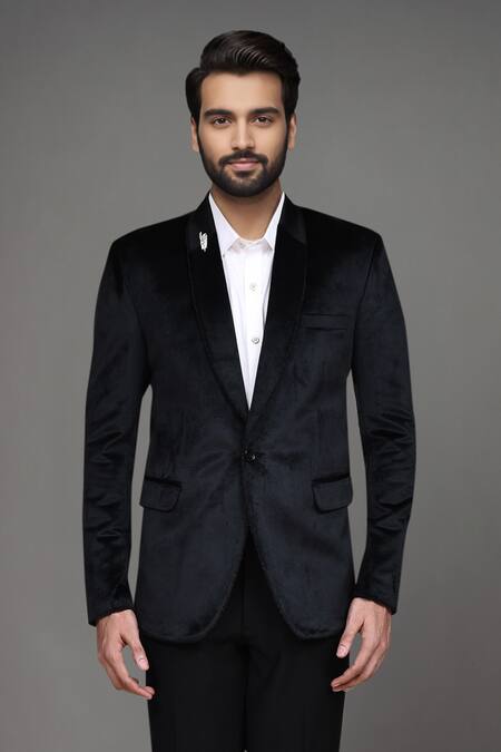Buy_Arihant Rai Sinha_Black Velvet Plain Single Breasted Blazer _Online_at_Aza_Fashions