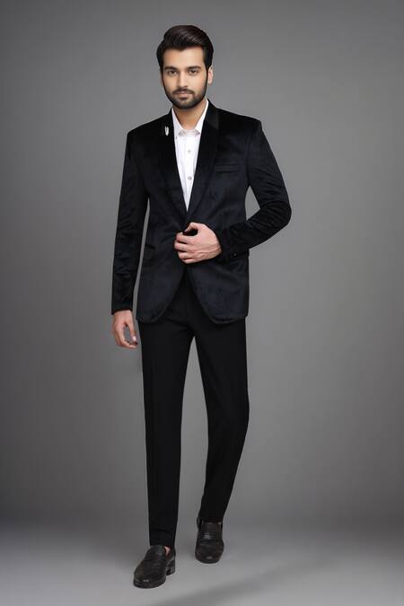 Shop_Arihant Rai Sinha_Black Velvet Plain Single Breasted Blazer _Online_at_Aza_Fashions