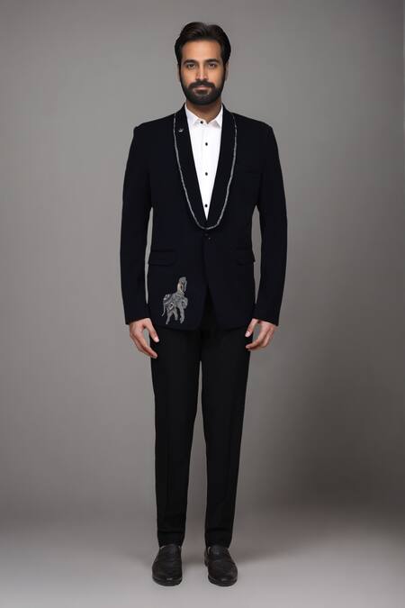 Shop_Arihant Rai Sinha_Navy Beads, Cut Work Cutdana Single Breasted Blazer _Online_at_Aza_Fashions