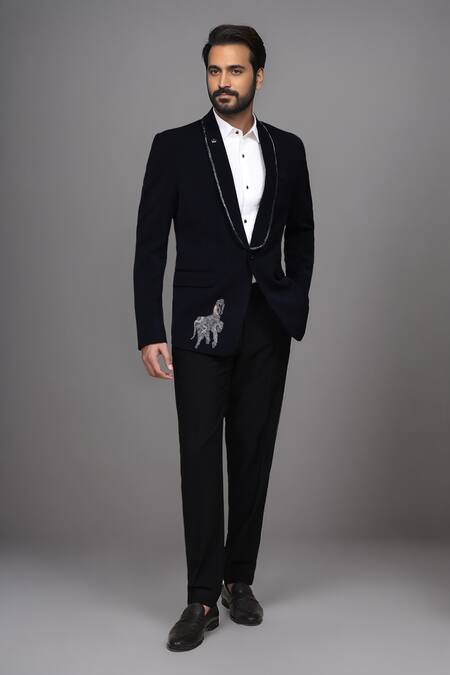 Arihant Rai Sinha_Navy Beads, Cut Work Cutdana Single Breasted Blazer _at_Aza_Fashions