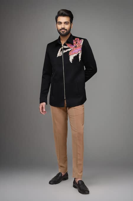 Shop_Arihant Rai Sinha_Black Polyester Floral Print Bomber Jacket And Pant Set _Online_at_Aza_Fashions