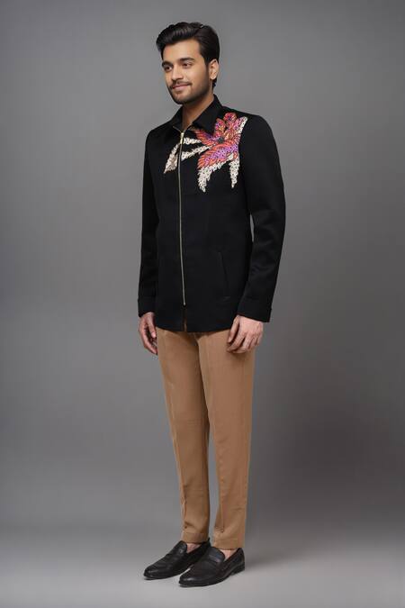 Arihant Rai Sinha_Black Polyester Floral Print Bomber Jacket And Pant Set _at_Aza_Fashions