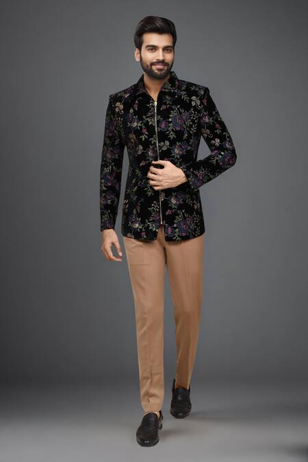 Shop_Arihant Rai Sinha_Black Polyester Embroidery Floral Jacket And Pleated Pant Set _Online_at_Aza_Fashions