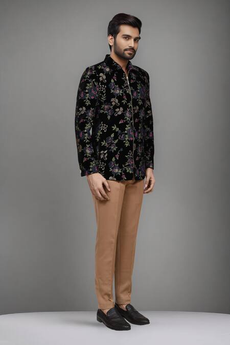 Arihant Rai Sinha_Black Polyester Embroidery Floral Jacket And Pleated Pant Set _at_Aza_Fashions