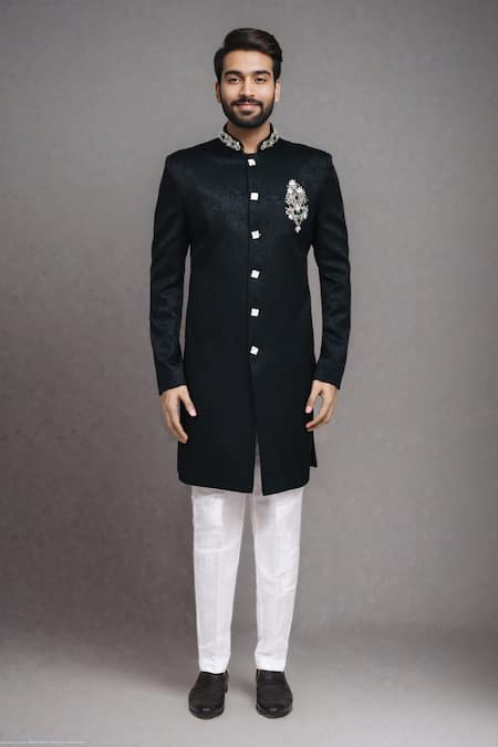 Buy_Arihant Rai Sinha_Green Jacquard Stones, Beads, Embroidery, Metallic Work Bandhgala And Pant Set _Online_at_Aza_Fashions