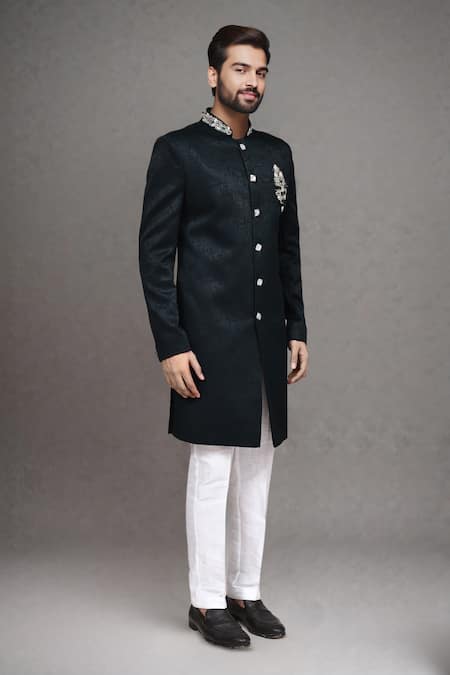 Shop_Arihant Rai Sinha_Green Jacquard Stones, Beads, Embroidery, Metallic Work Bandhgala And Pant Set _Online_at_Aza_Fashions