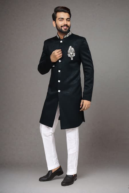 Arihant Rai Sinha_Green Jacquard Stones, Beads, Embroidery, Metallic Work Bandhgala And Pant Set _at_Aza_Fashions