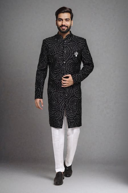 Buy_Arihant Rai Sinha_Wine Velvet Applique Sherwani And Art Silk Pant _Online_at_Aza_Fashions