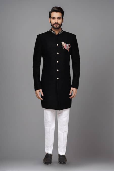 Arihant Rai Sinha_Black Suede Embroidery, Patchwork Geometric Pattern Sherwani And Art Silk Pant _Online_at_Aza_Fashions