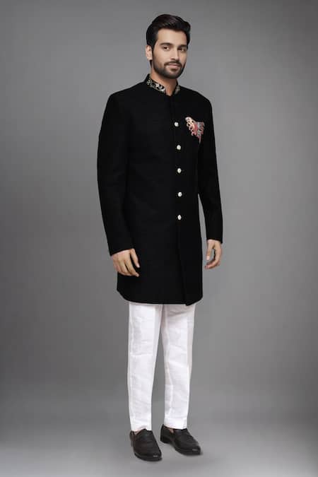 Buy_Arihant Rai Sinha_Black Suede Embroidery, Patchwork Geometric Pattern Sherwani And Art Silk Pant _Online_at_Aza_Fashions