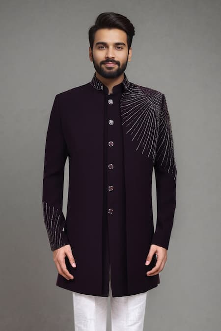 Buy_Arihant Rai Sinha_Purple Stones, Beads Cutdana Embroidered Bandhgala Bundi Pant Set _Online_at_Aza_Fashions