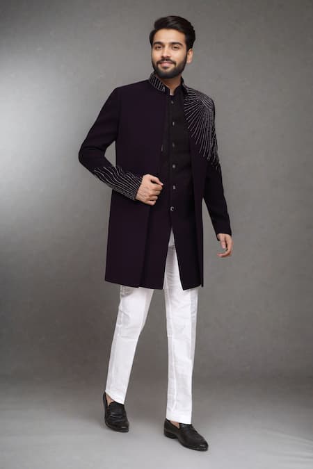 Shop_Arihant Rai Sinha_Purple Stones, Beads Cutdana Embroidered Bandhgala Bundi Pant Set _Online_at_Aza_Fashions