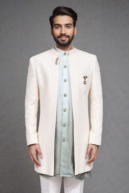 Buy Arihant Rai Sinha Off White Sequins, Brooches Dotted Swiss Sherwani Kurta And Pant Set Online at Aza Fashions Buy_Arihant Rai Sinha_Off White Sequins, Brooches Dotted Swiss Sherwani Kurta And Pant Set _Online_at_Aza_Fashions