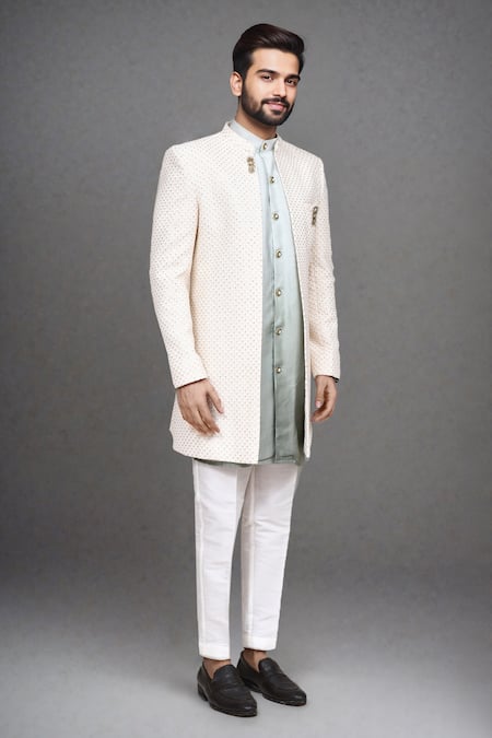 Shop Arihant Rai Sinha Off White Sequins, Brooches Dotted Swiss Sherwani Kurta And Pant Set Online at Aza Fashions Shop_Arihant Rai Sinha_Off White Sequins, Brooches Dotted Swiss Sherwani Kurta And Pant Set _Online_at_Aza_Fashions