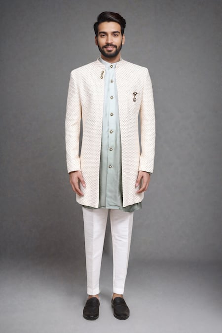 Arihant Rai Sinha Off White Sequins, Brooches Dotted Swiss Sherwani Kurta And Pant Set at Aza Fashions Arihant Rai Sinha_Off White Sequins, Brooches Dotted Swiss Sherwani Kurta And Pant Set _at_Aza_Fashions
