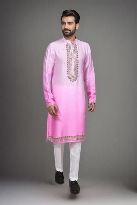 Arihant Rai Sinha_Pink Muslin Zari, Stones Ombre Zardozi Embroidered Kurta And Pant Set _Online_at_Aza_Fashions