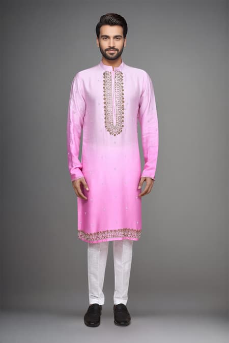 Shop_Arihant Rai Sinha_Pink Muslin Zari, Stones Ombre Zardozi Embroidered Kurta And Pant Set _Online_at_Aza_Fashions