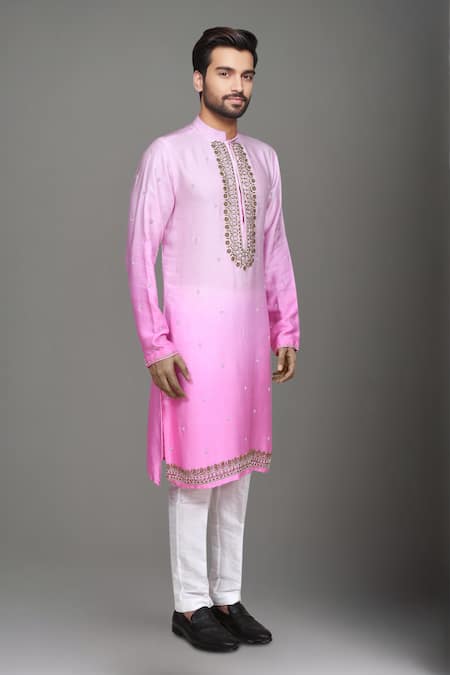 Arihant Rai Sinha_Pink Muslin Zari, Stones Ombre Zardozi Embroidered Kurta And Pant Set _at_Aza_Fashions
