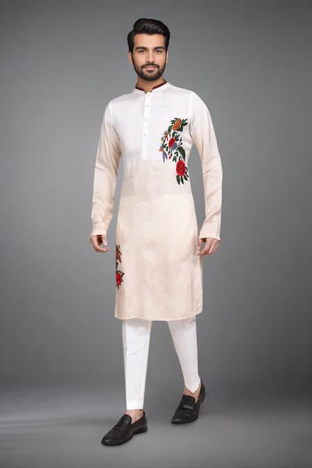 Arihant Rai Sinha Beige Muslin Embroidery Floral Kurta And Pant Set 