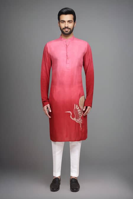 Buy_Arihant Rai Sinha_Pink Muslin Embroidery, Zari Ombre Crane Kurta And Pant Set _Online_at_Aza_Fashions