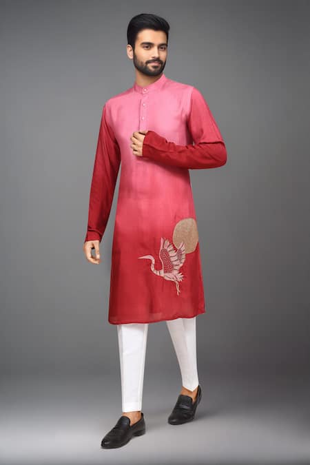 Shop_Arihant Rai Sinha_Pink Muslin Embroidery, Zari Ombre Crane Kurta And Pant Set _Online_at_Aza_Fashions