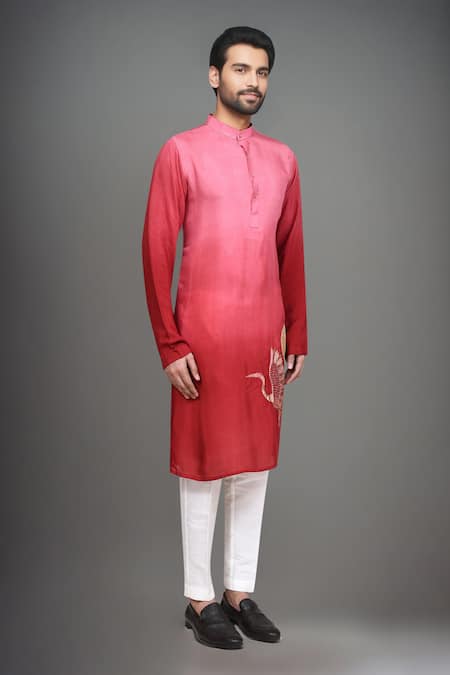 Arihant Rai Sinha_Pink Muslin Embroidery, Zari Ombre Crane Kurta And Pant Set _at_Aza_Fashions