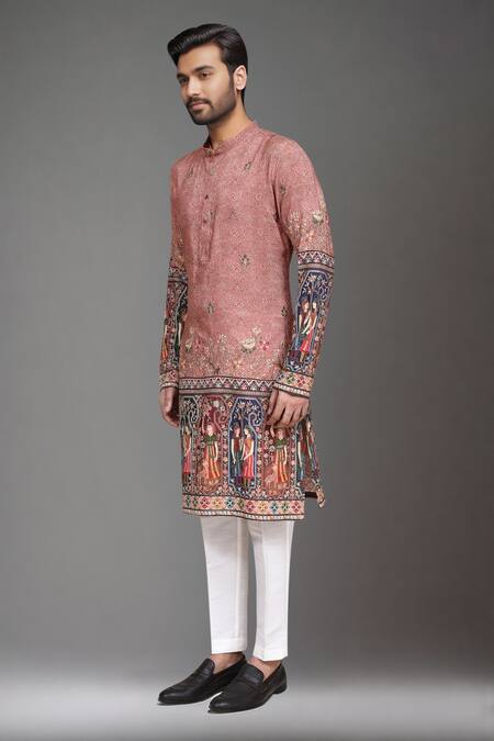 Buy_Arihant Rai Sinha_Brown Brocade, Silk Embroidery Printed Kurta And Art Pant Set _Online_at_Aza_Fashions