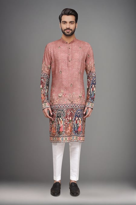 Shop_Arihant Rai Sinha_Brown Brocade, Silk Embroidery Printed Kurta And Art Pant Set _Online_at_Aza_Fashions