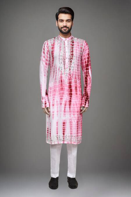 Buy_Arihant Rai Sinha_Pink Muslin Mirrors, Embroidery Tie-dye Work Kurta And Pant Set _Online_at_Aza_Fashions