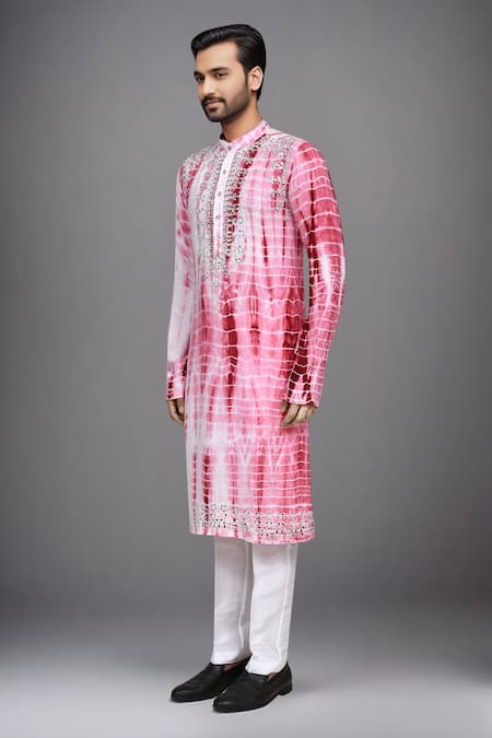 Shop_Arihant Rai Sinha_Pink Muslin Mirrors, Embroidery Tie-dye Work Kurta And Pant Set _Online_at_Aza_Fashions