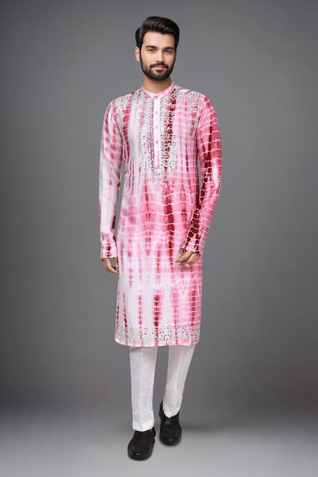 Arihant Rai Sinha_Pink Muslin Mirrors, Embroidery Tie-dye Work Kurta And Pant Set _at_Aza_Fashions