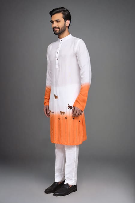 Buy_Arihant Rai Sinha_White Muslin Embroidery, Sequins Ombre Animal Motif Kurta And Pant Set _Online_at_Aza_Fashions