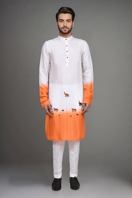 Shop_Arihant Rai Sinha_White Muslin Embroidery, Sequins Ombre Animal Motif Kurta And Pant Set _Online_at_Aza_Fashions