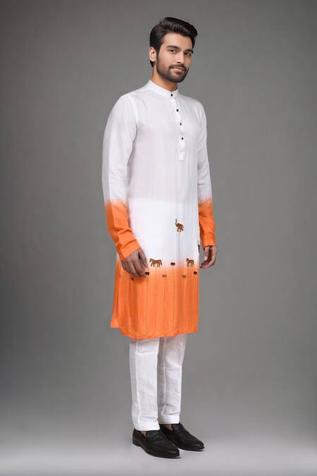 Arihant Rai Sinha_White Muslin Embroidery, Sequins Ombre Animal Motif Kurta And Pant Set _at_Aza_Fashions
