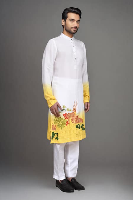 Shop Arihant Rai Sinha White Muslin Embroidery Ombre Deer Motif Kurta Set Online at Aza Fashions Shop_Arihant Rai Sinha_White Muslin Embroidery Ombre Deer Motif Kurta Set _Online_at_Aza_Fashions