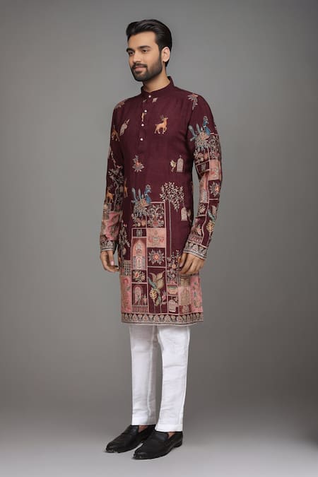 Buy_Arihant Rai Sinha_Brown Printed Kurta And Art Silk Pant Set _Online_at_Aza_Fashions