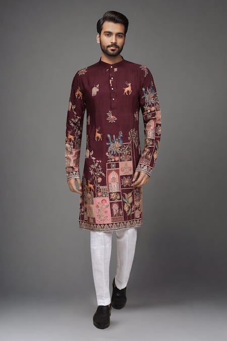 Shop_Arihant Rai Sinha_Brown Printed Kurta And Art Silk Pant Set _Online_at_Aza_Fashions