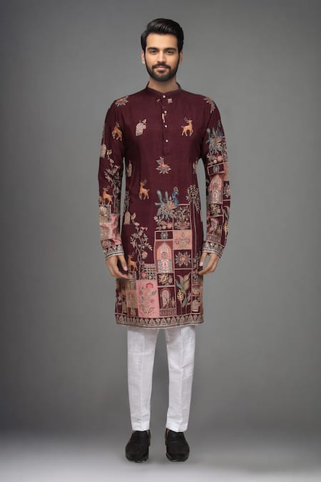 Arihant Rai Sinha_Brown Printed Kurta And Art Silk Pant Set _at_Aza_Fashions