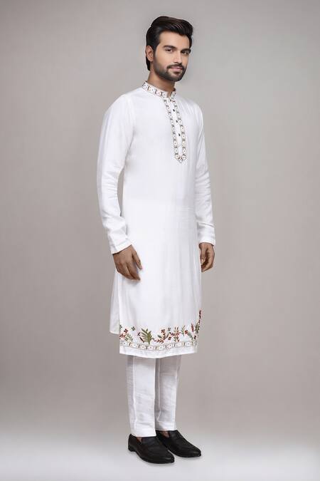Arihant Rai Sinha White Muslin, Cotton Embroidery Kurta And Pant Set at Aza Fashions Arihant Rai Sinha_White Muslin, Cotton Embroidery Kurta And Pant Set _at_Aza_Fashions