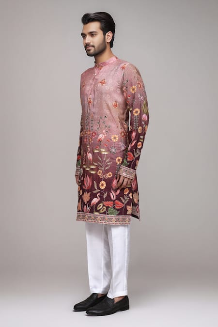 Buy_Arihant Rai Sinha_Pink Brocade, Silk Digital Print Floral And Avian Kurta Set _Online_at_Aza_Fashions