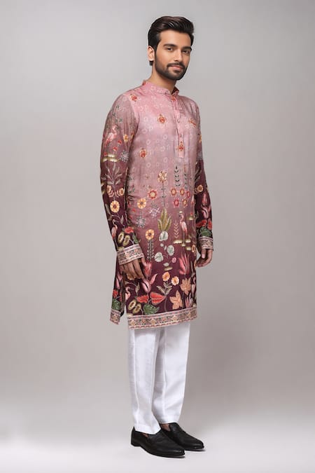Shop_Arihant Rai Sinha_Pink Brocade, Silk Digital Print Floral And Avian Kurta Set _Online_at_Aza_Fashions