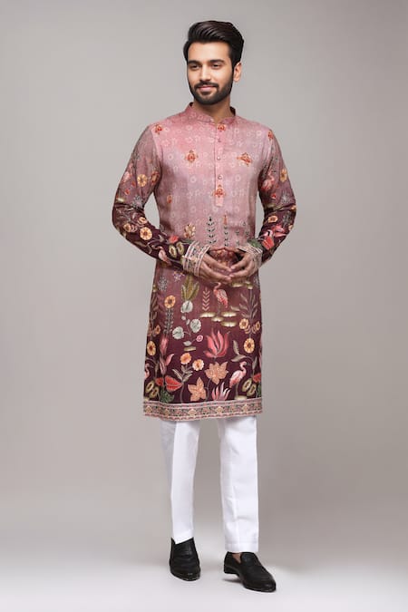 Arihant Rai Sinha_Pink Brocade, Silk Digital Print Floral And Avian Kurta Set _at_Aza_Fashions