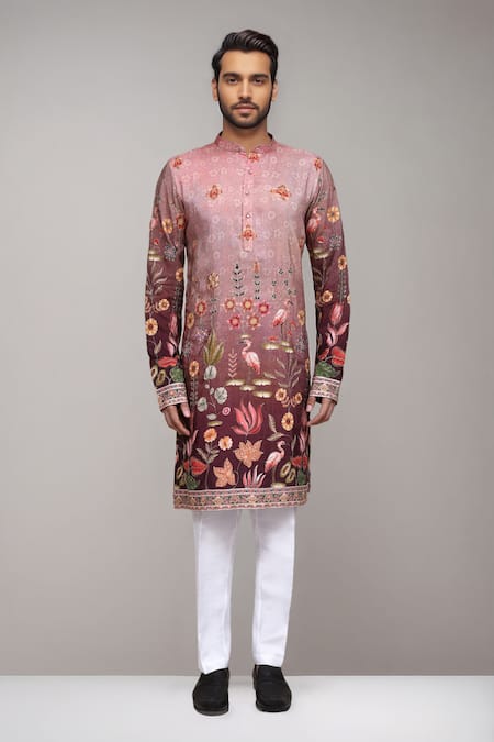 Buy_Arihant Rai Sinha_Pink Brocade, Silk Digital Print Floral And Avian Kurta Set 